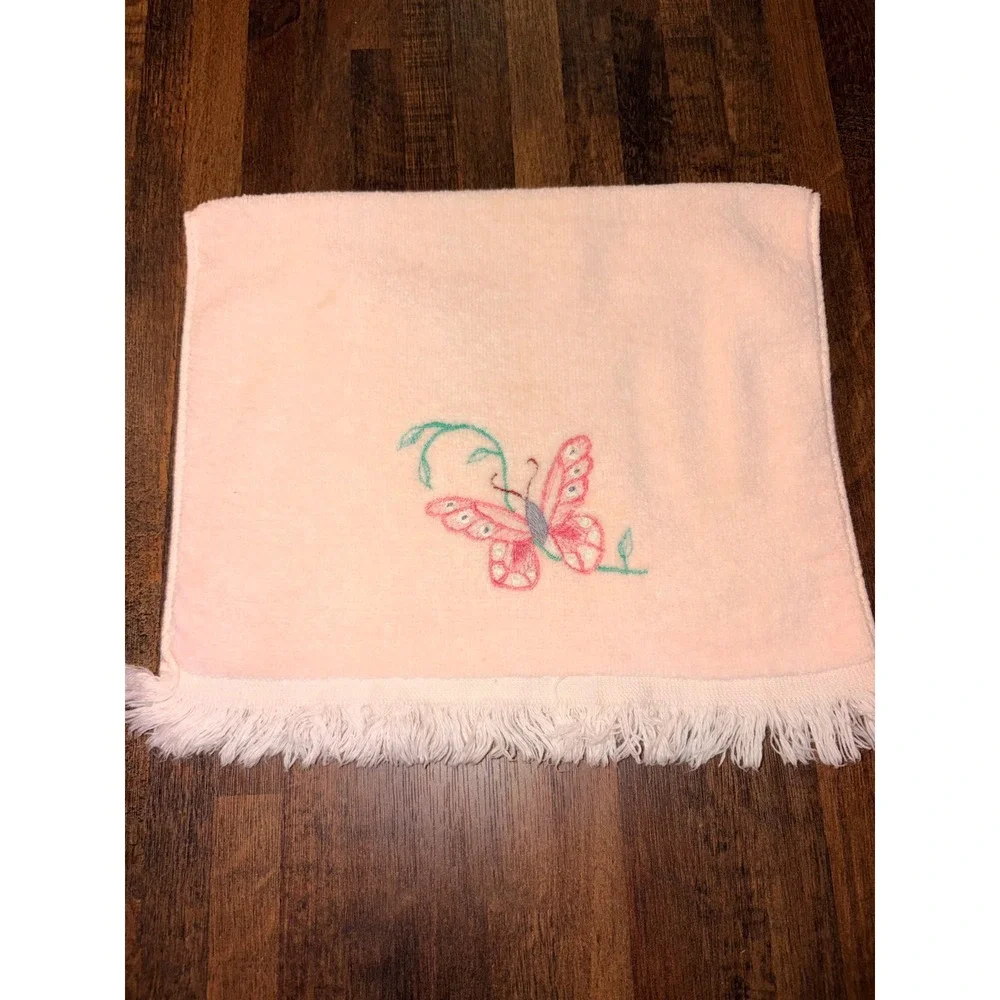 Vintage Panda Pink Butterfly Embroidered Fringe Hand Towels 100% Cotton Set of 2